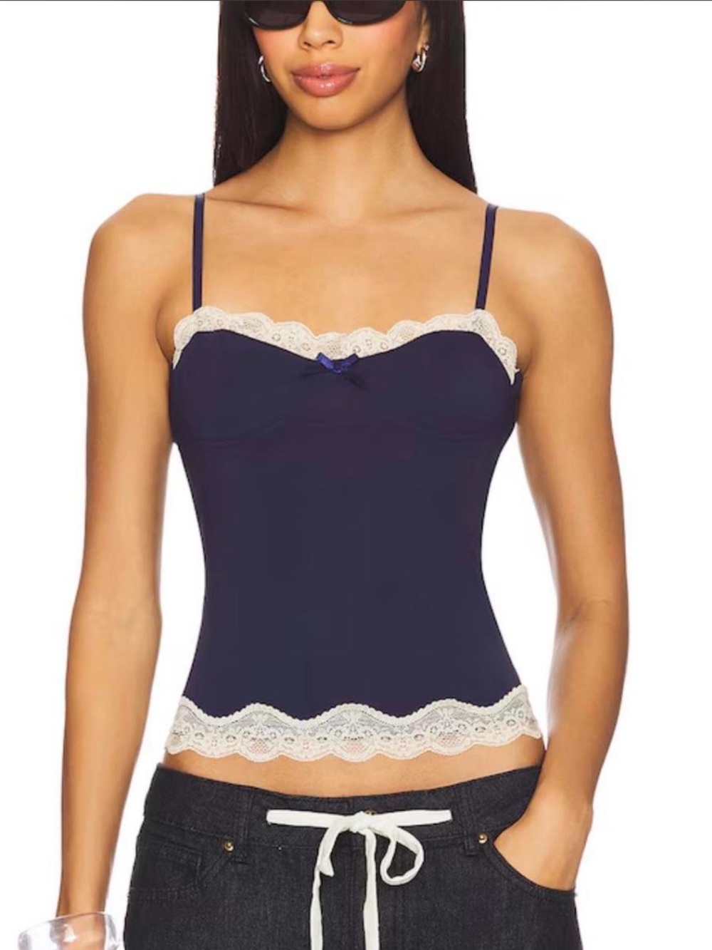Lioness Navy Lace Trim Cami Tank with Bow